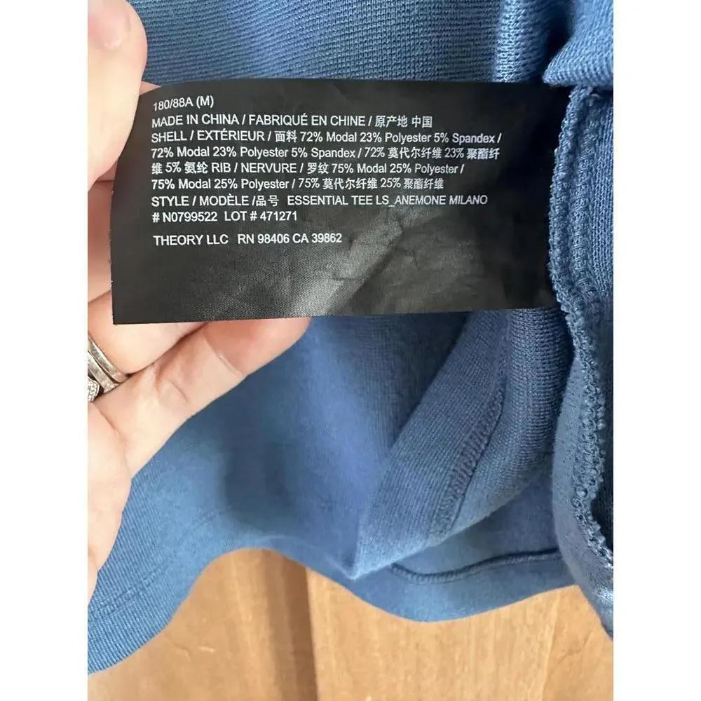 Theory Essential Long-Sleeve Tee in Anemone Modal Jersey Blue Lake Men’s Medium - Picture 7 of 12